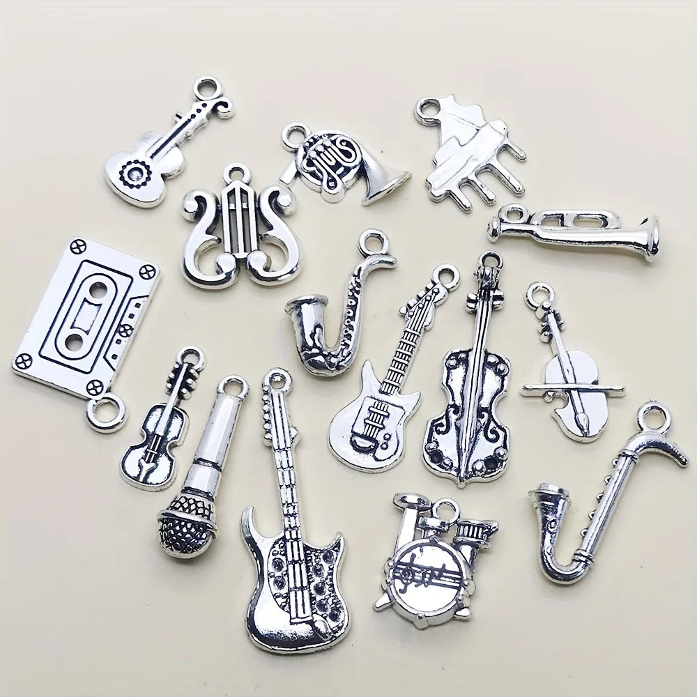 15-Piece Antique Silver Musical Instrument Charms | Guitar, Piano & Violin Pendants | DIY Jewelry Making Supplies