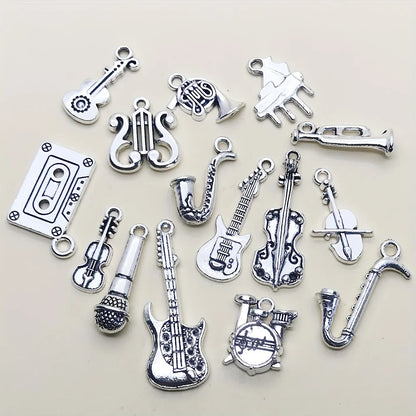 15-Piece Antique Silver Musical Instrument Charms | Guitar, Piano & Violin Pendants | DIY Jewelry Making Supplies
