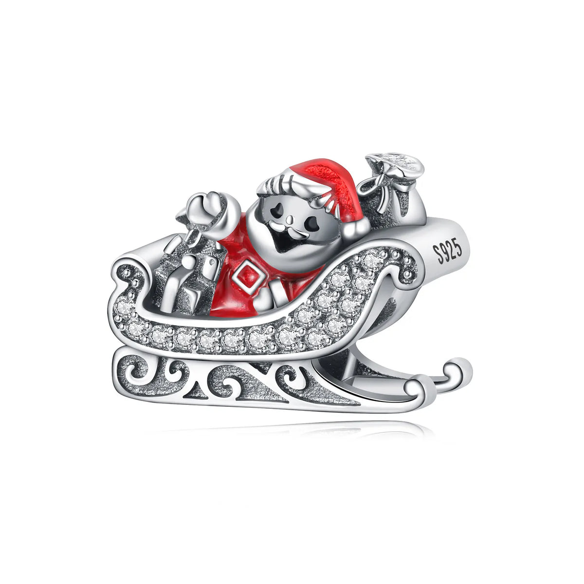 Silver charm with Santa Claus on a sleigh, red background