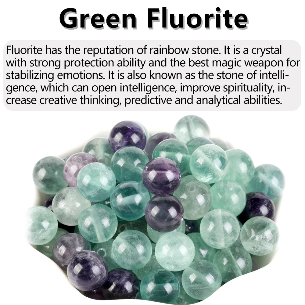 Green fluorite crystals with text about its properties and benefits.