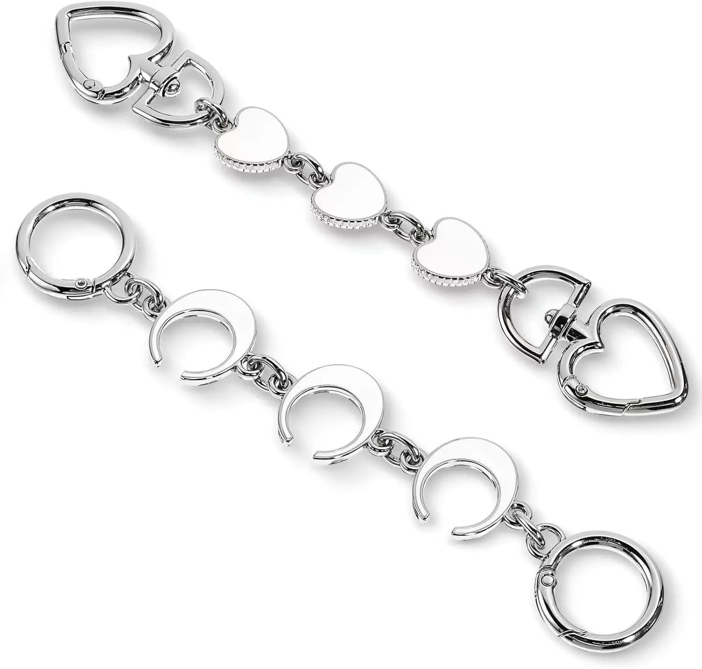 Silver bag chain with heart-shaped charms on a white background