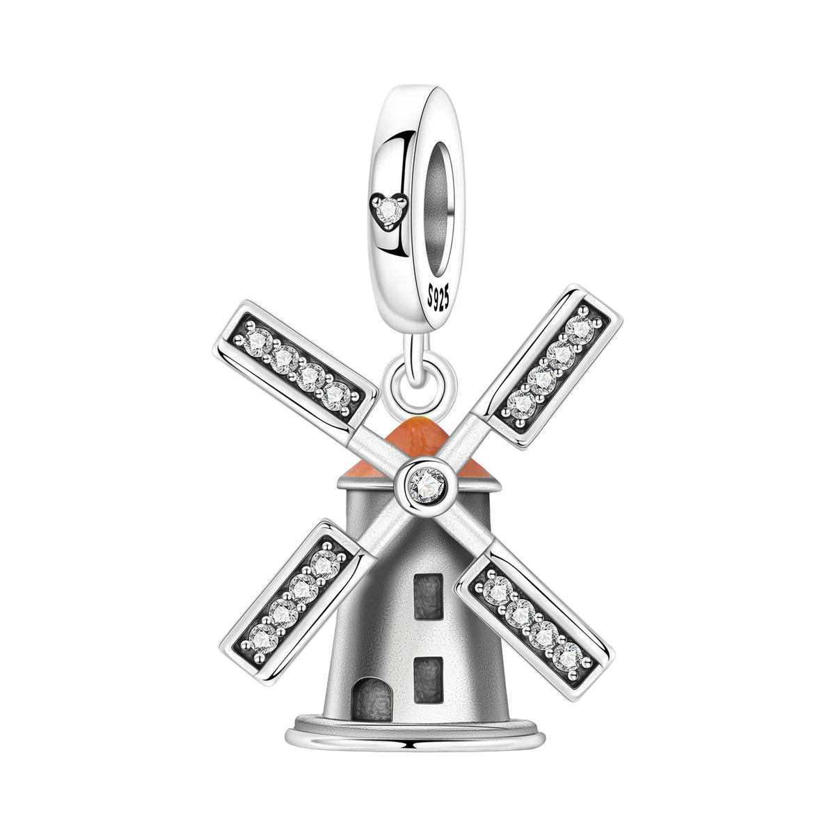 Silver windmill charm with orange roof and clear stones on a white background