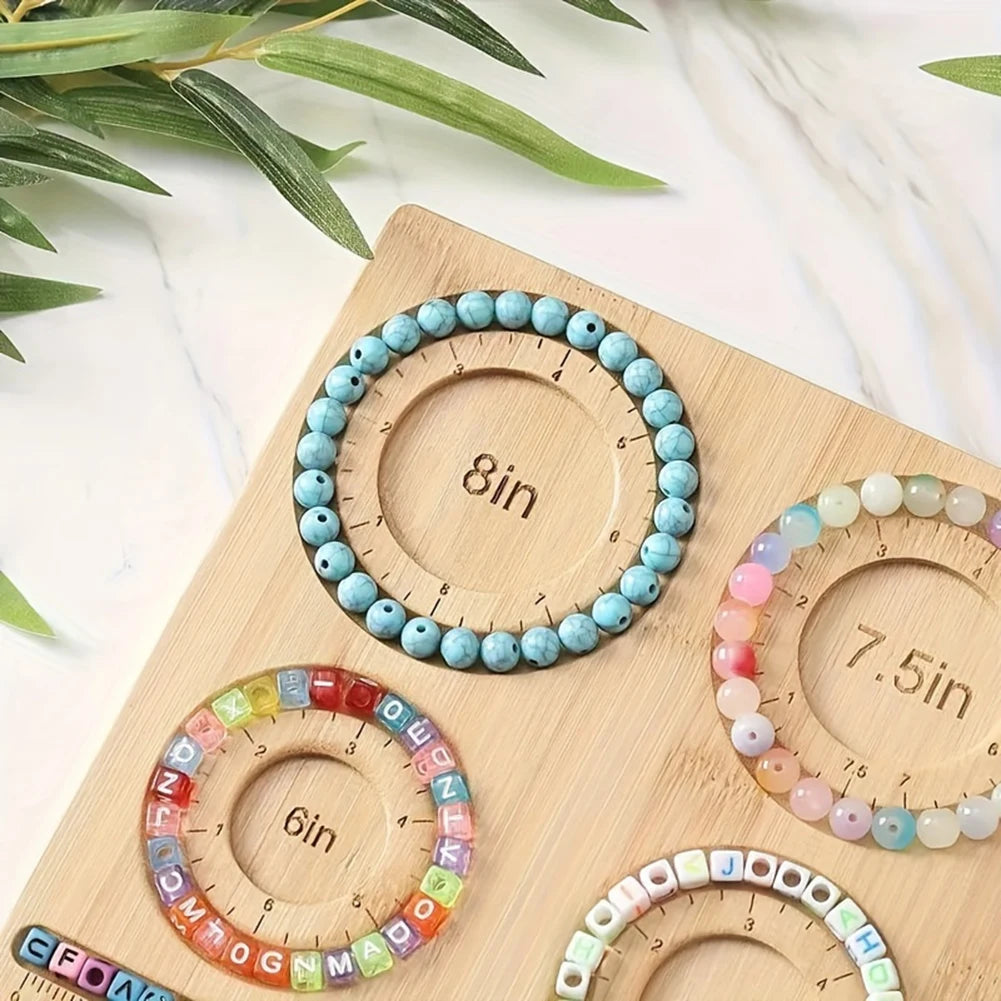 Wooden measuring board with circular cutouts for measuring bracelets on a light beadboard.