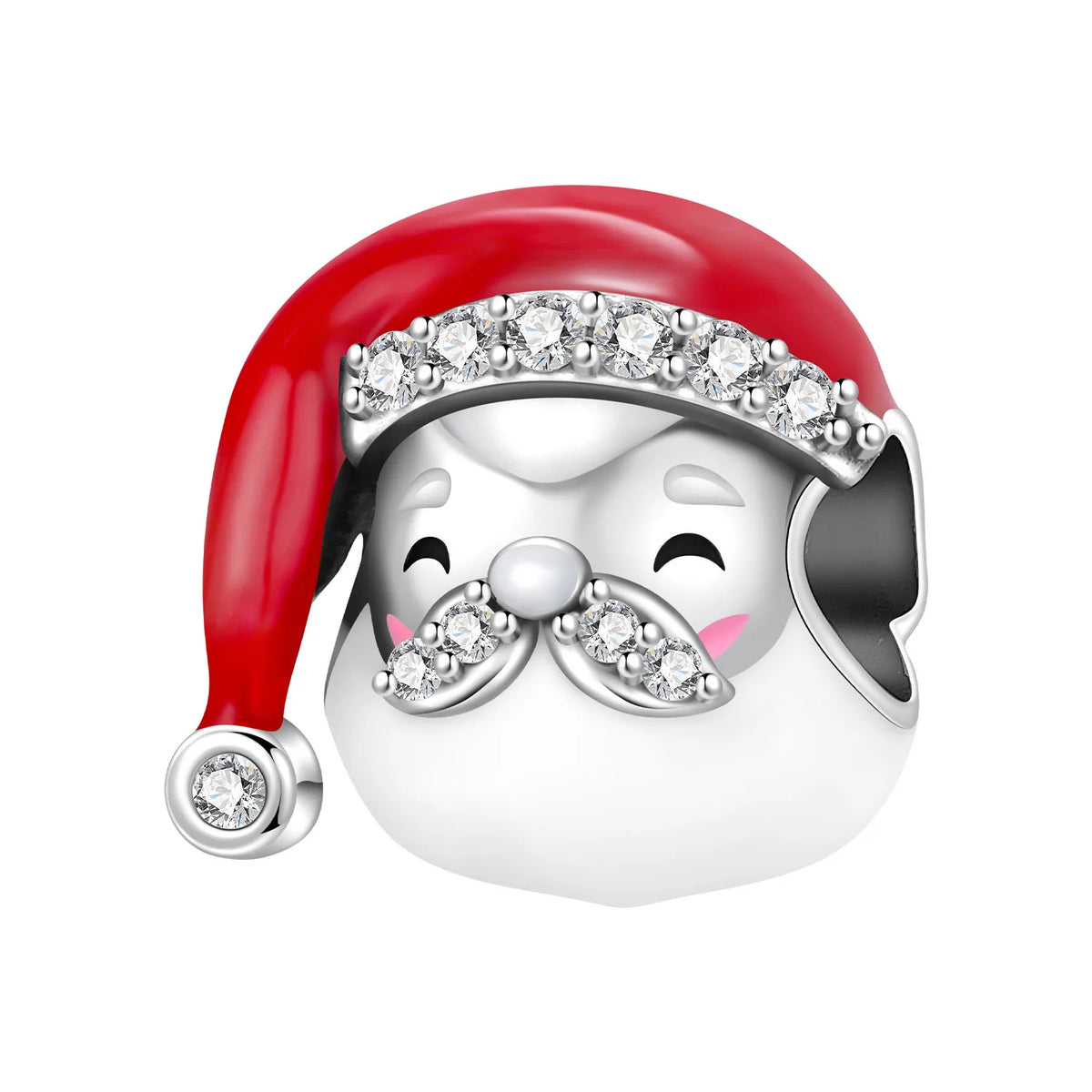 A festive Santa Claus head charm or pendant featuring a red hat, silver-toned face and trim, pink cheeks, and clear rhinestone accents, shown on a plain white background.