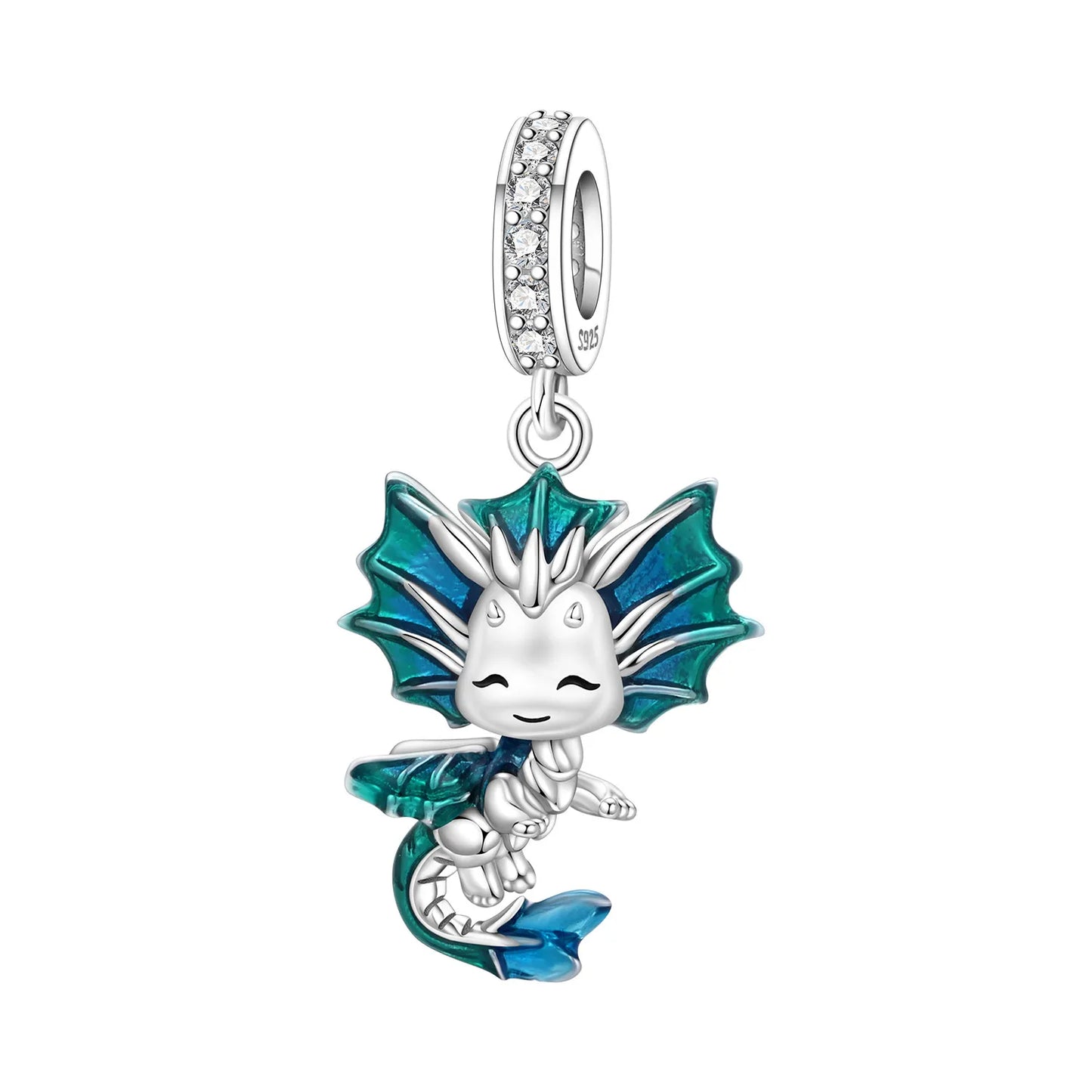Dragon-shaped charm with blue and green wings on a white background