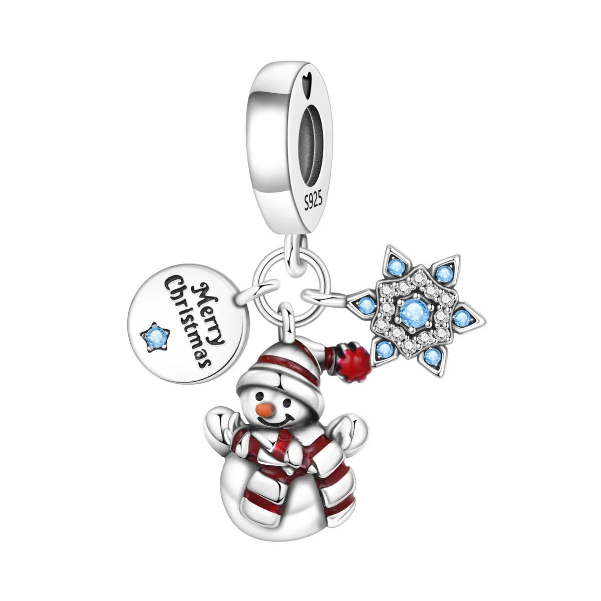 Silver charm with snowman, star, and 'Merry Christmas' tag on a white background