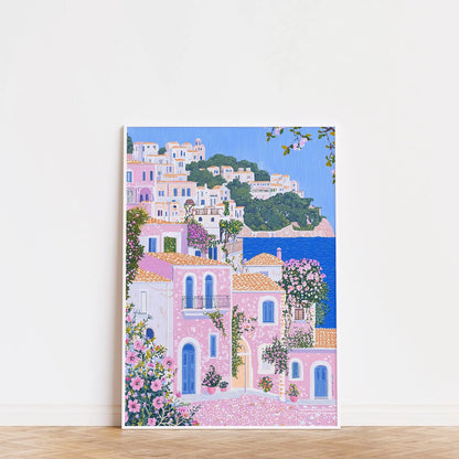 1pc Modern Cityscape Travel Mural Pink Flowers Nature Landscape Buildings Art Poster European City Mural Unframed Home Decor