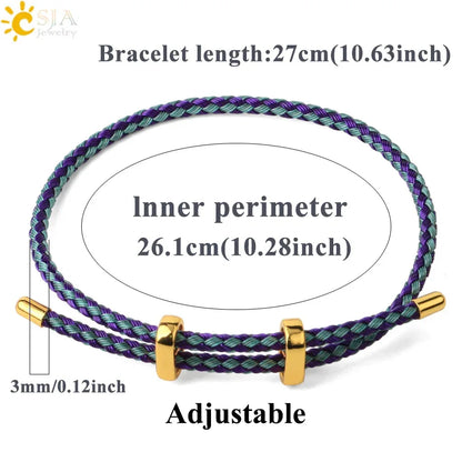 Braided adjustable bracelet with purple and teal rope and gold metal sliders, shown with text indicating 27 cm length, 26.1 cm inner perimeter, and 3 mm adjustability on a white background.