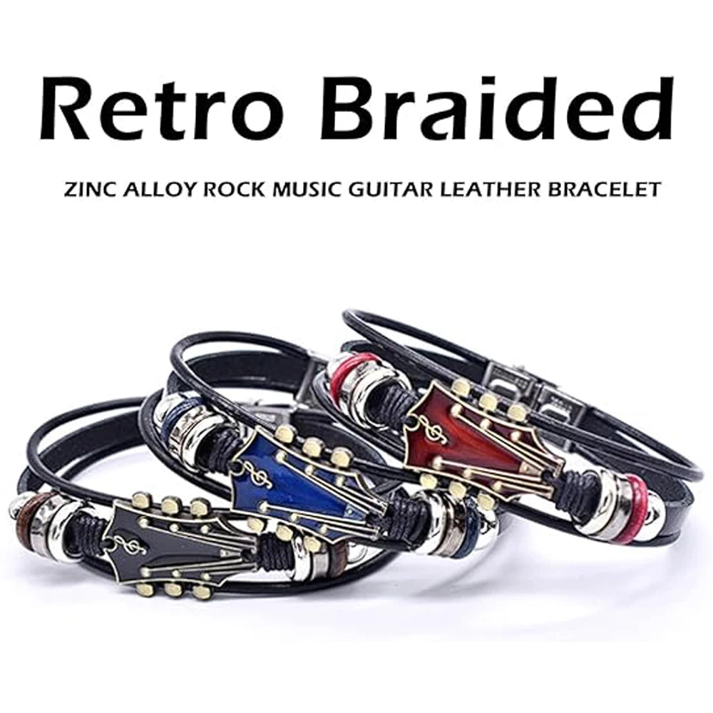 Retro braided leather bracelet with guitar design on a white background