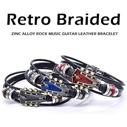 Retro braided leather bracelet with guitar design on a white background