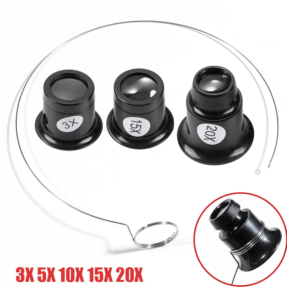 Set of three magnifying lenses with labels on a clear stand, showing different magnification powers.