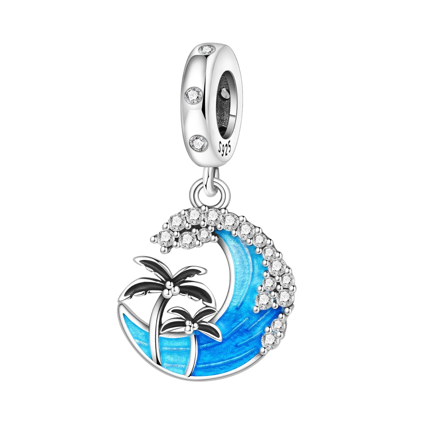 Jewelry charm with palm tree and wave design on a white background