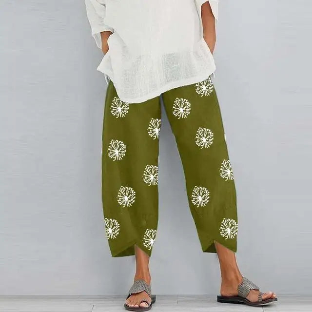 Women's Harem Pants Vintage Cotton Linen Elastic Waist Wide Leg Trousers Female Casual Solid Pockets Loose Cropped Pants