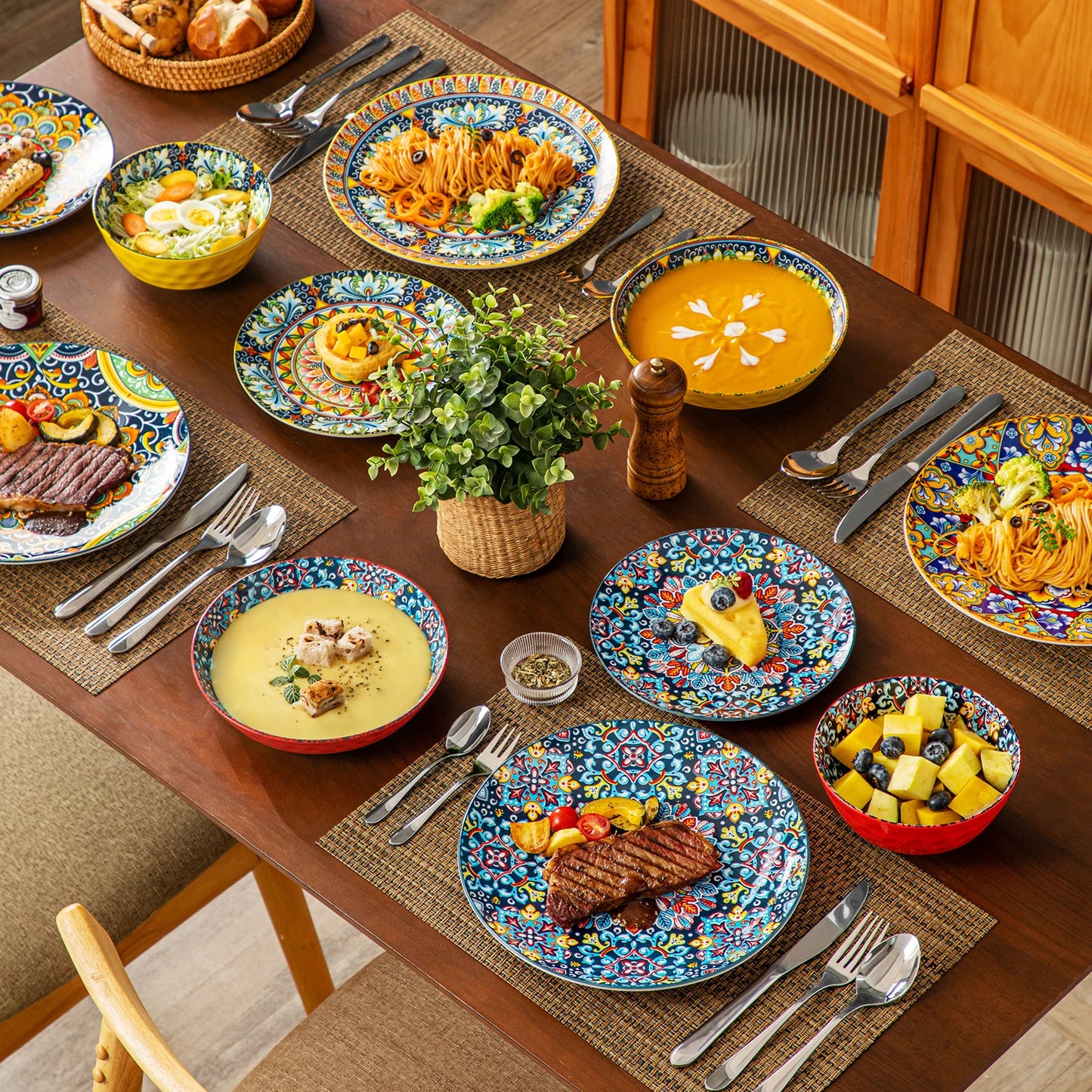 Boho Stoneware Dinnerware Set for 6 | Ceramic Plates & Bowls | 12, 16, 18 or 24 Pieces