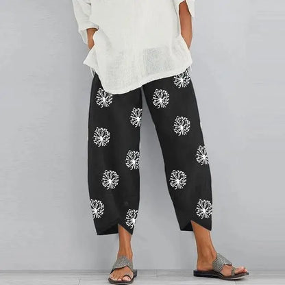 Women's Harem Pants Vintage Cotton Linen Elastic Waist Wide Leg Trousers Female Casual Solid Pockets Loose Cropped Pants