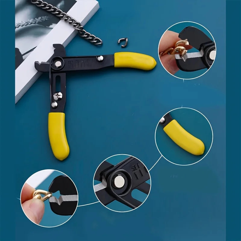 Pair of black and yellow jewelry making pliers on a blue background with close-up insets showing jewelry work.
