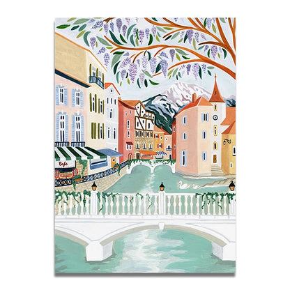Santorini Lisbon Canvas Wall Art Print Poster Lake Como Central Park Decorative Painting Travel Mural Home Decor Gift Unframed