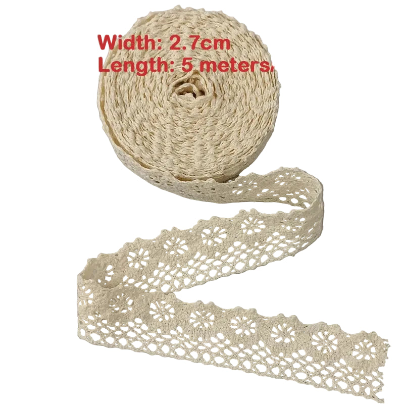 Roll of beige lace ribbon with width and length information on a gray background