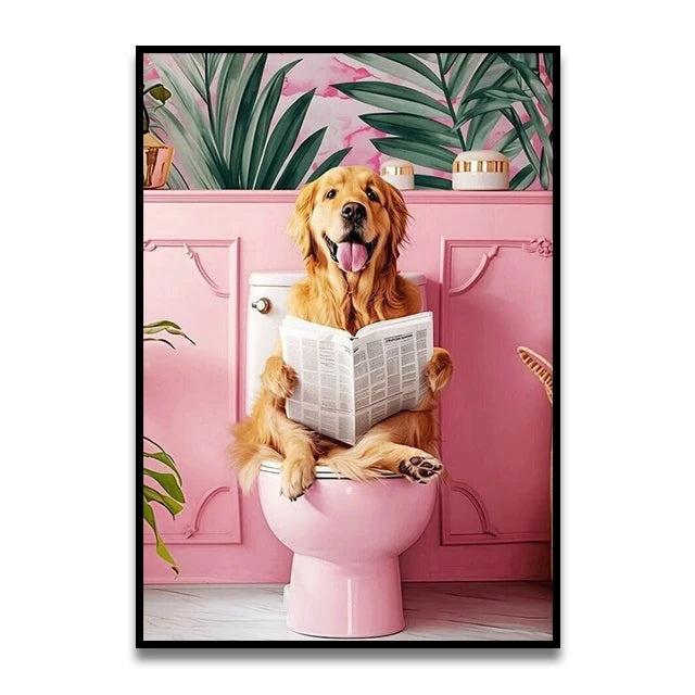 Bathroom Cat Reading on Toilet Canvas Wall Art Print Poster Funny Animal Decor Painting Home Room Decor Gift Unframed