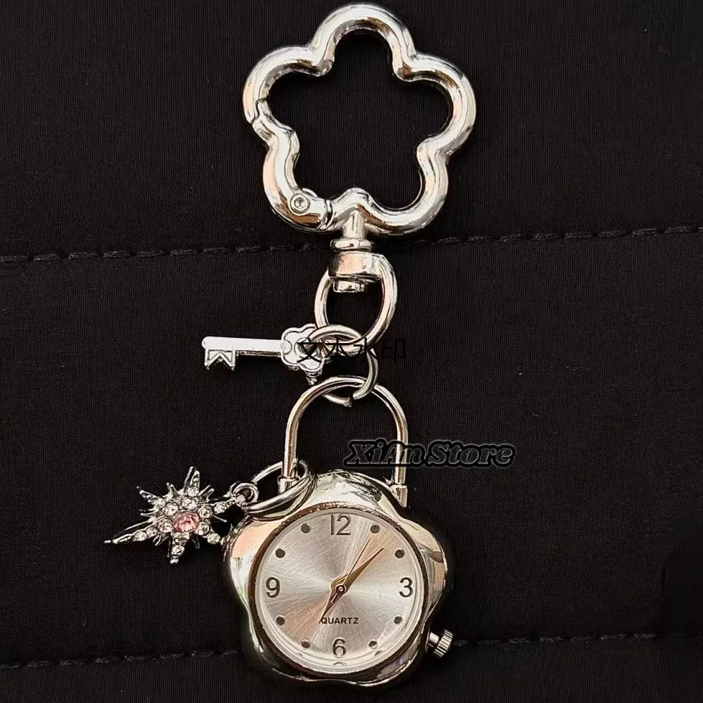 Heart Watch Bag Charm | Functional Clock Keychain | Purse & Backpack Charm with Heart, Key & Crystal Accents