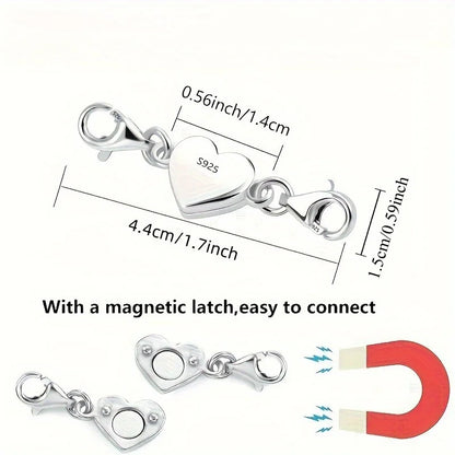 Silver heart-shaped clasp with dimensions and a magnetic latch illustration on a white background