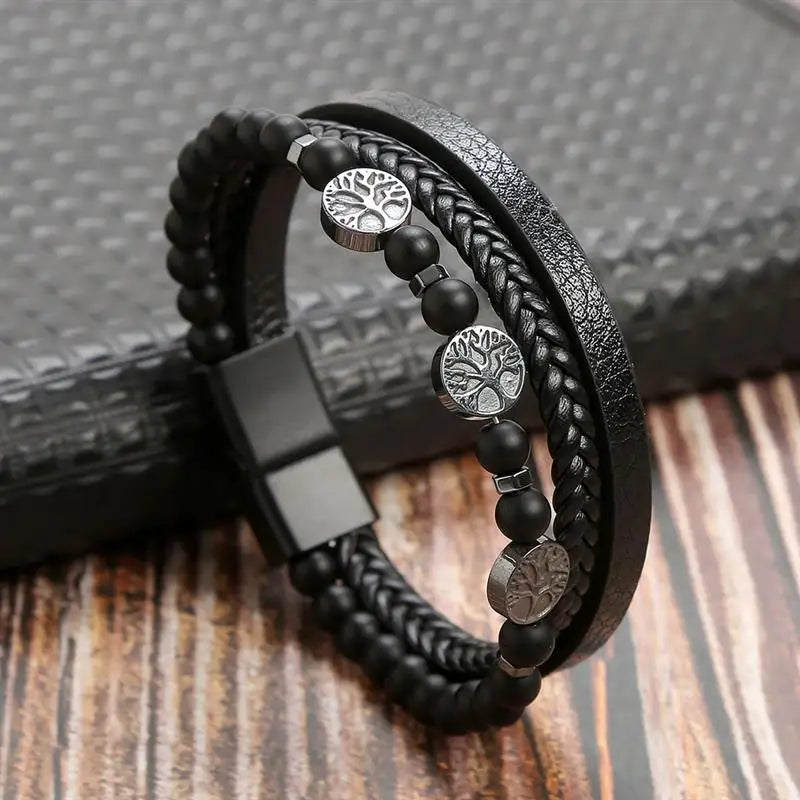Men’s Multilayer Leather Bracelet | Handwoven Design with Magnetic Alloy Clasp