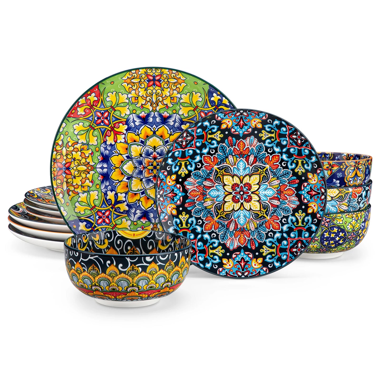 Boho Stoneware Dinnerware Set for 6 | Ceramic Plates & Bowls | 12, 16, 18 or 24 Pieces