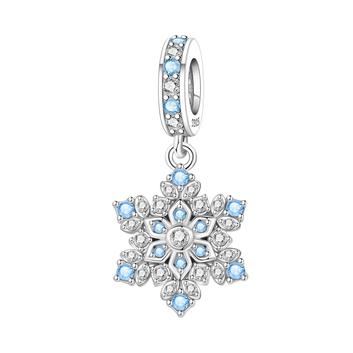 Silver snowflake charm with blue gemstones on a white background