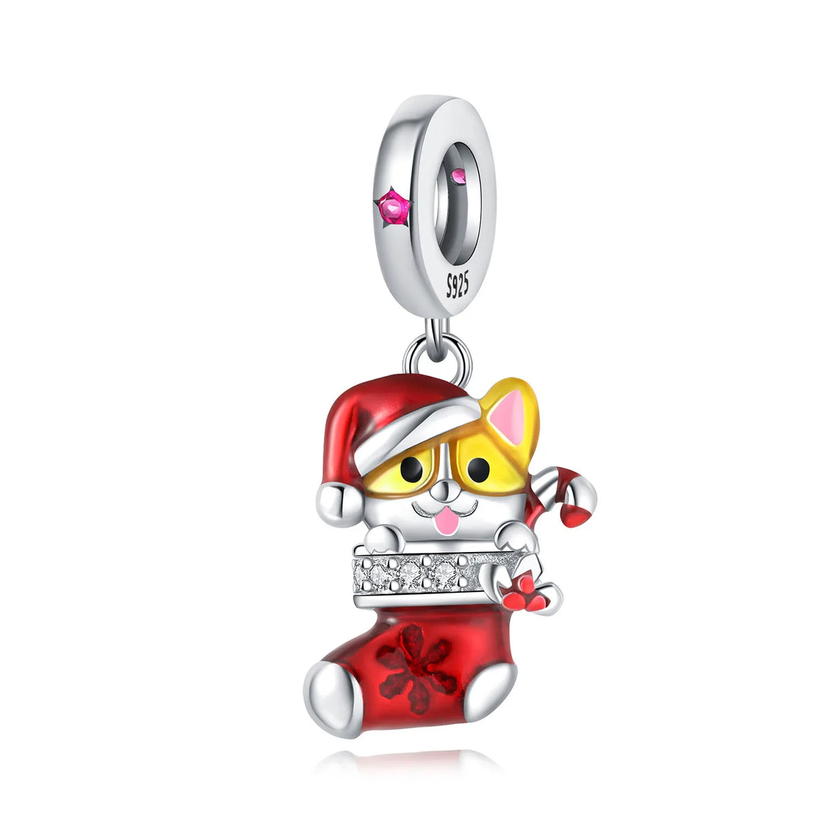 Christmas-themed cat charm with a red hat and stocking on a white background