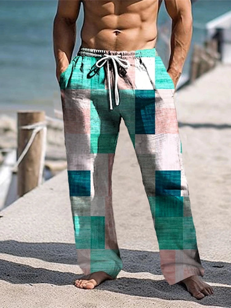 Men's Trousers Summer Pants Beach Pants Drawstring Elastic Waist 3D Print Color Block Geometric Graphic Prints Casual Pants