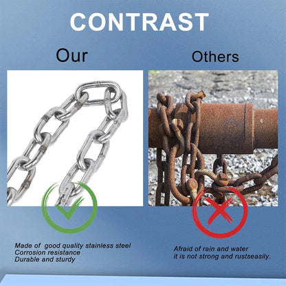 A promotional comparison graphic for a stainless steel chain. The left panel shows a shiny silver chain labeled 'Our' with a green check mark and text describing it as made of good quality stainless steel, durable, and sturdy.