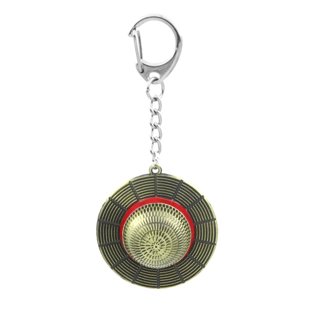 Circular keychain with a red center and metal clasp on a white background