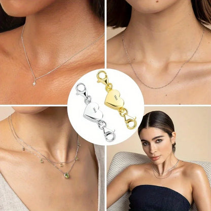 Collage of a woman wearing a necklace with close-up details and a heart-shaped clasp.