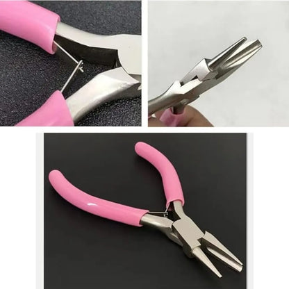 Collage of pink-handled jewelry pliers on a black background
