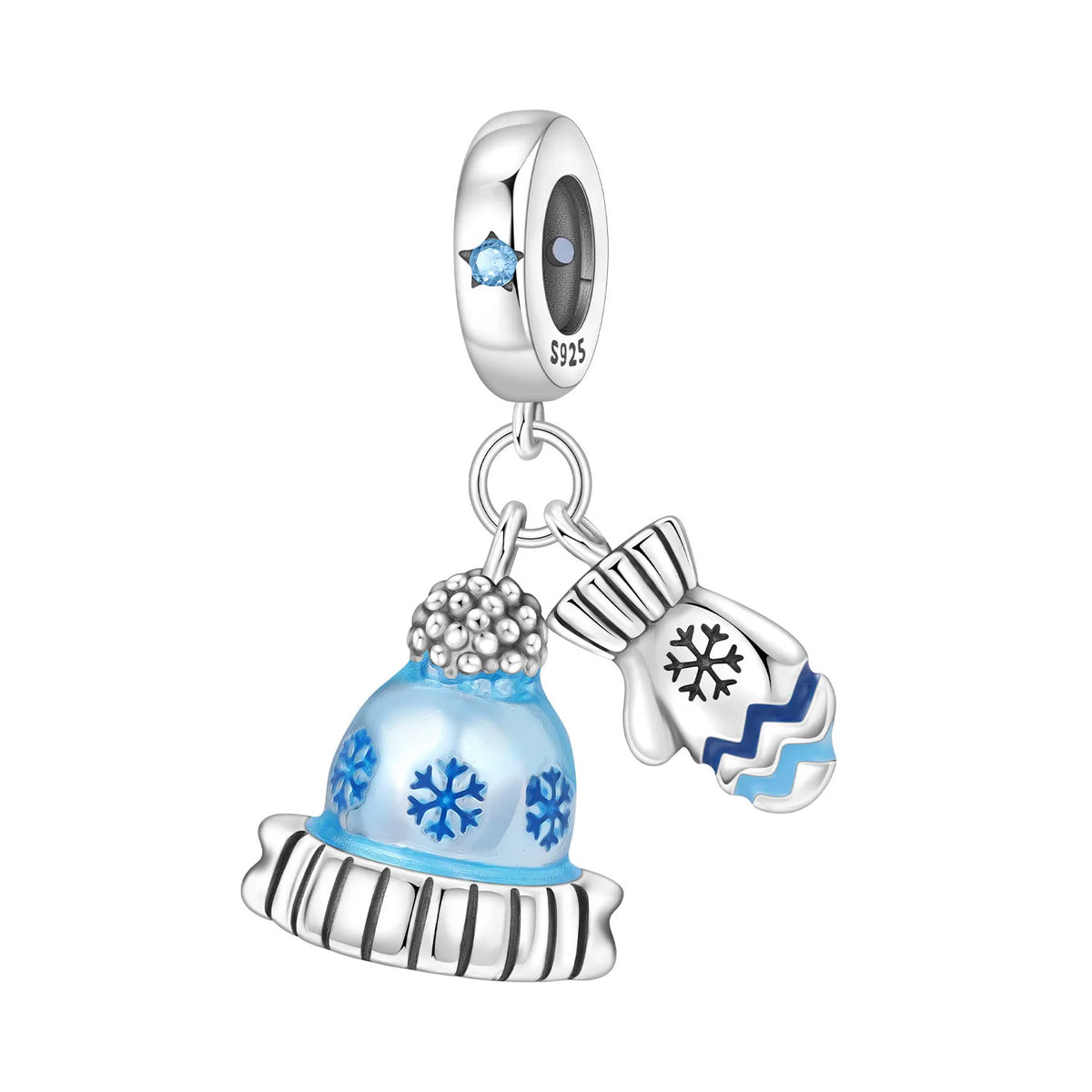 Jewelry charm with a blue snowman, mittens, and star accents on a white background