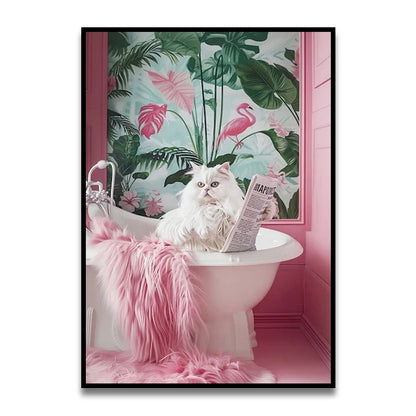 Bathroom Cat Reading on Toilet Canvas Wall Art Print Poster Funny Animal Decor Painting Home Room Decor Gift Unframed