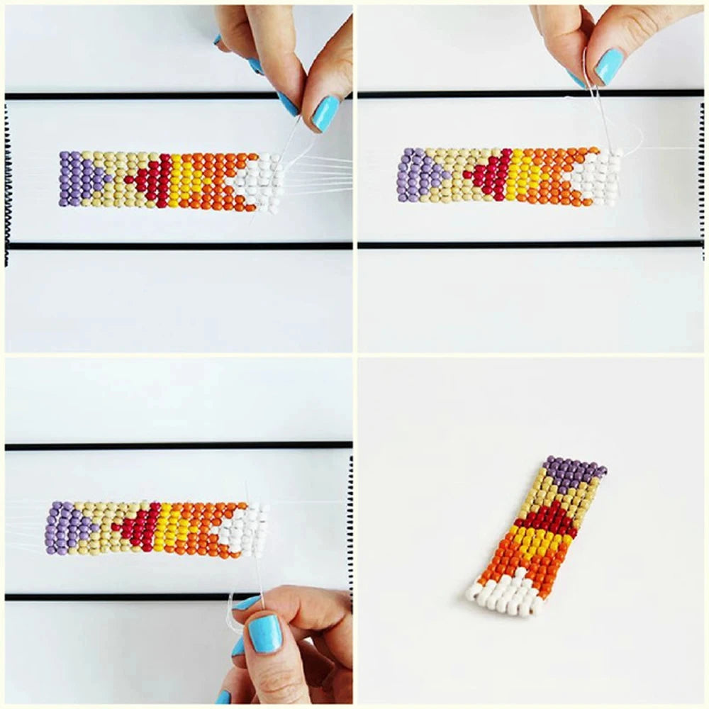 Step-by-step process of creating a colorful beaded design on a white background.