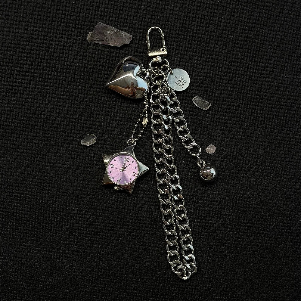 Heart Watch Bag Charm | Functional Clock Keychain | Purse & Backpack Charm with Heart, Key & Crystal Accents