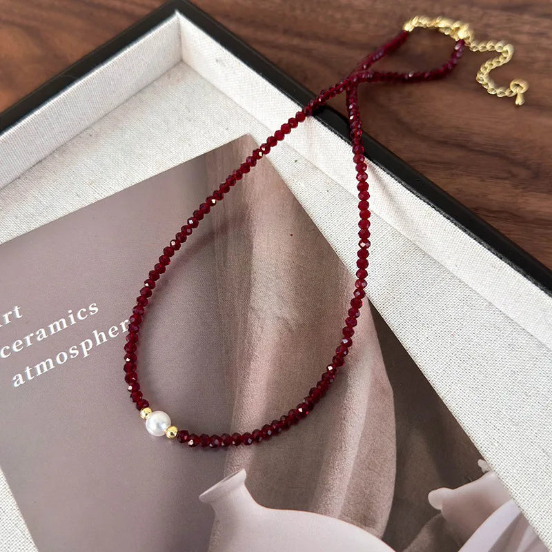 Red Pearl Bead Necklace | Glass Statement Necklace | Elegant Collarbone Jewelry Gift for Women
