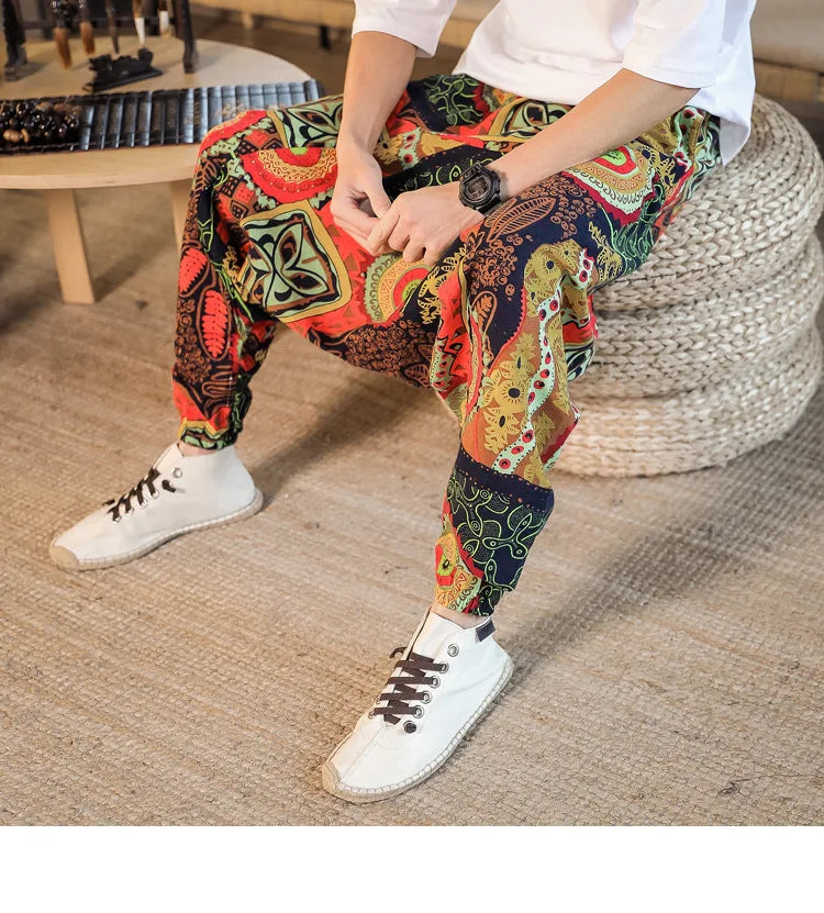 Men Harem Pants Print Retro Drop Crotch Joggers Trousers Men Baggy Loose Nepal Style Men Casual Pants M-5Xl
