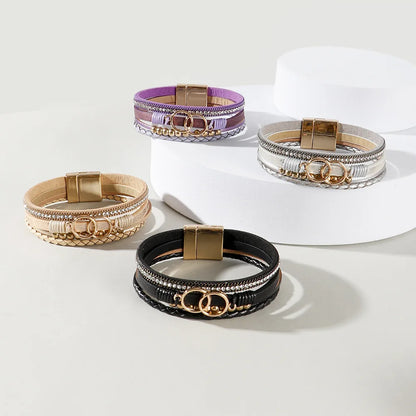 Women's Multilayer Leather Bracelet | Boho Woven Wrap Bracelet | Gold Tone Magnetic Clasp