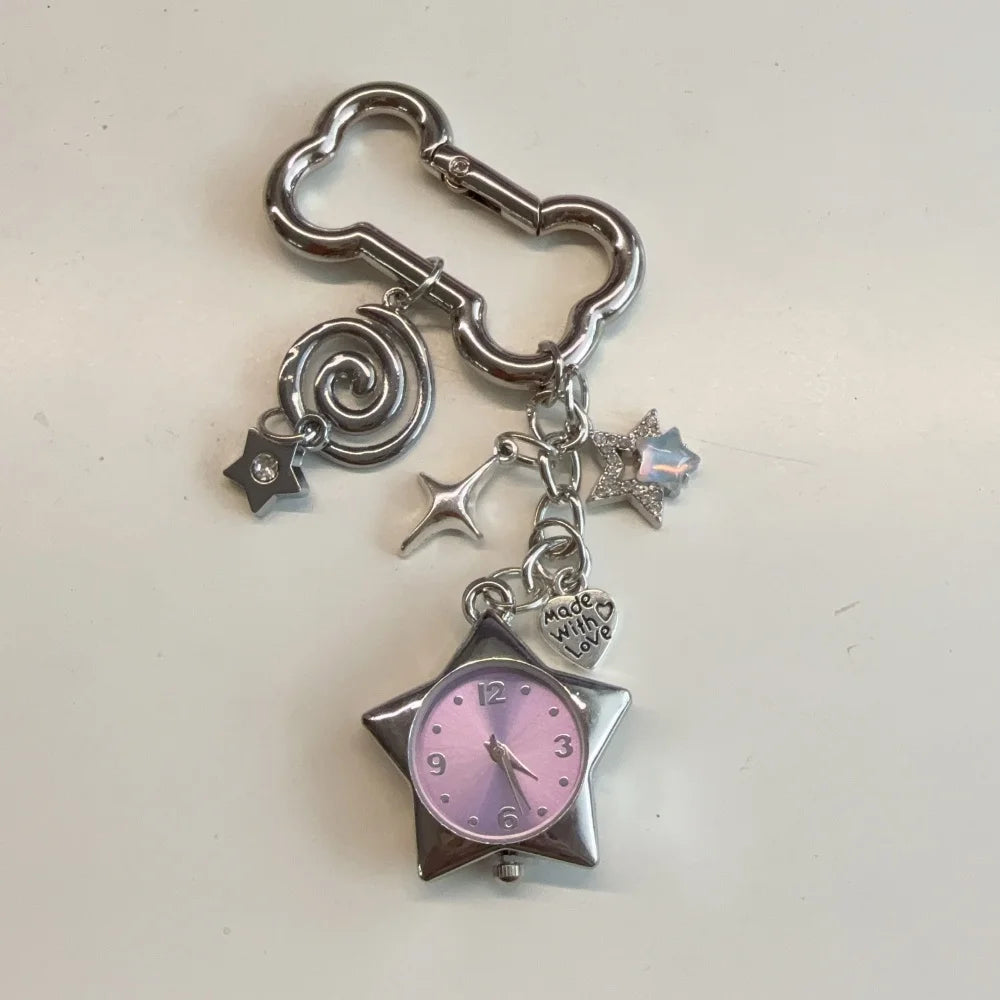 Heart Watch Bag Charm | Functional Clock Keychain | Purse & Backpack Charm with Heart, Key & Crystal Accents
