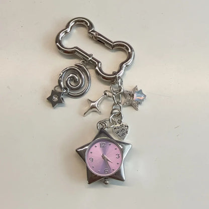 Heart Watch Bag Charm | Functional Clock Keychain | Purse & Backpack Charm with Heart, Key & Crystal Accents