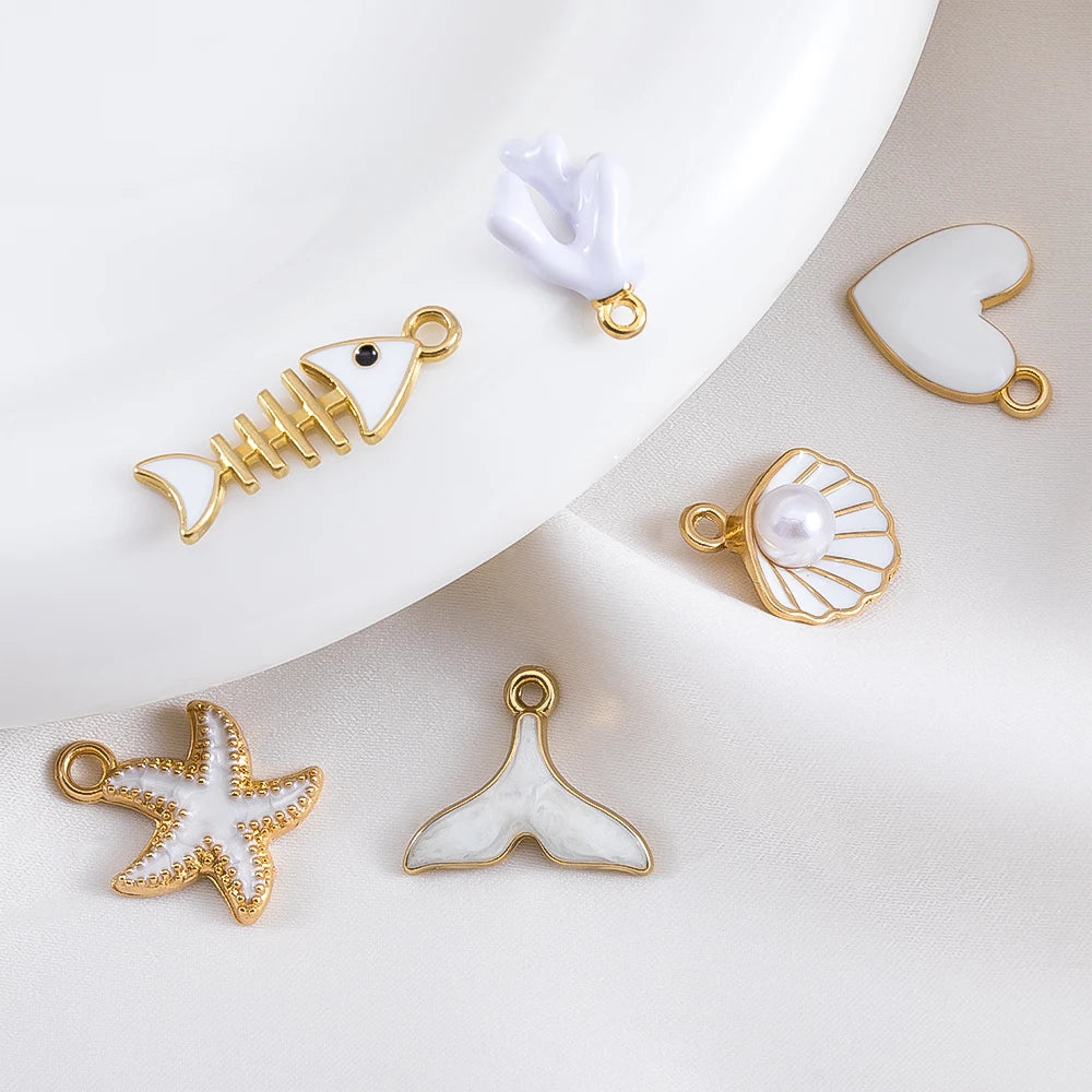 Ocean Charms | 10 White Enamel Sea Life Pendants | Shell, Coral, Fish & Heart DIY Jewelry Supplies