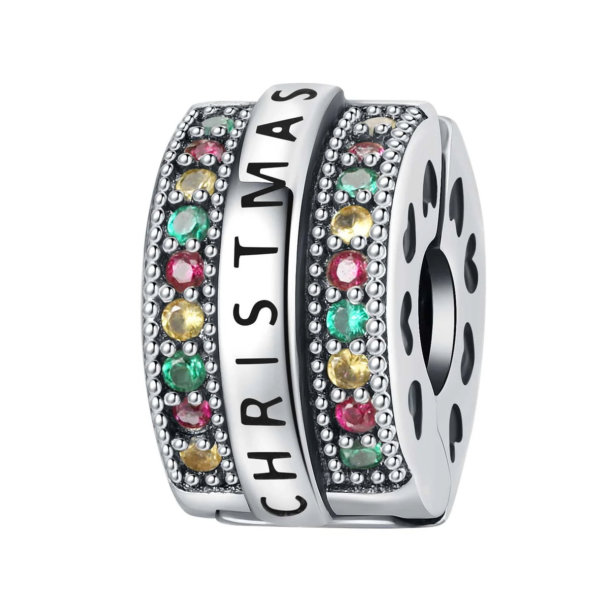 Silver charm with 'Christmas' and colorful gemstones on a white background