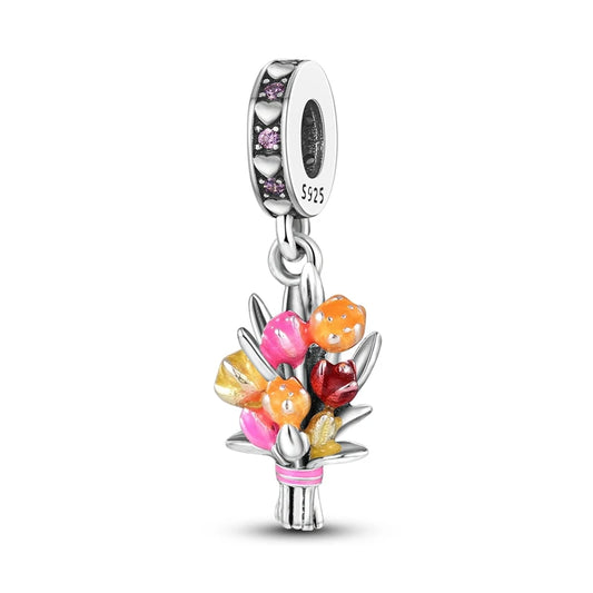 Silver charm with colorful tulips on a white background