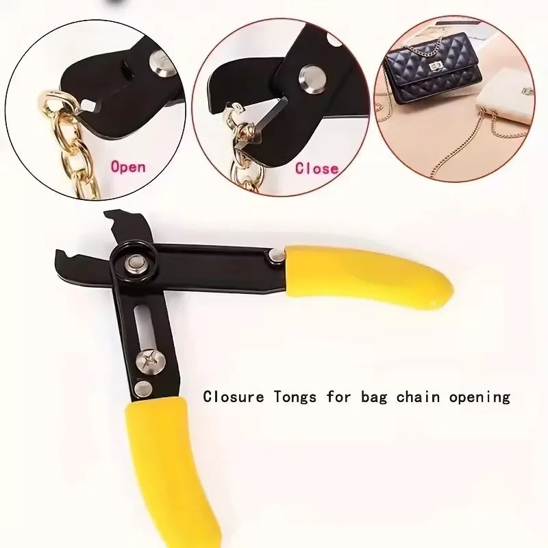 Closure tongs with yellow handles for bag chain opening on a white background