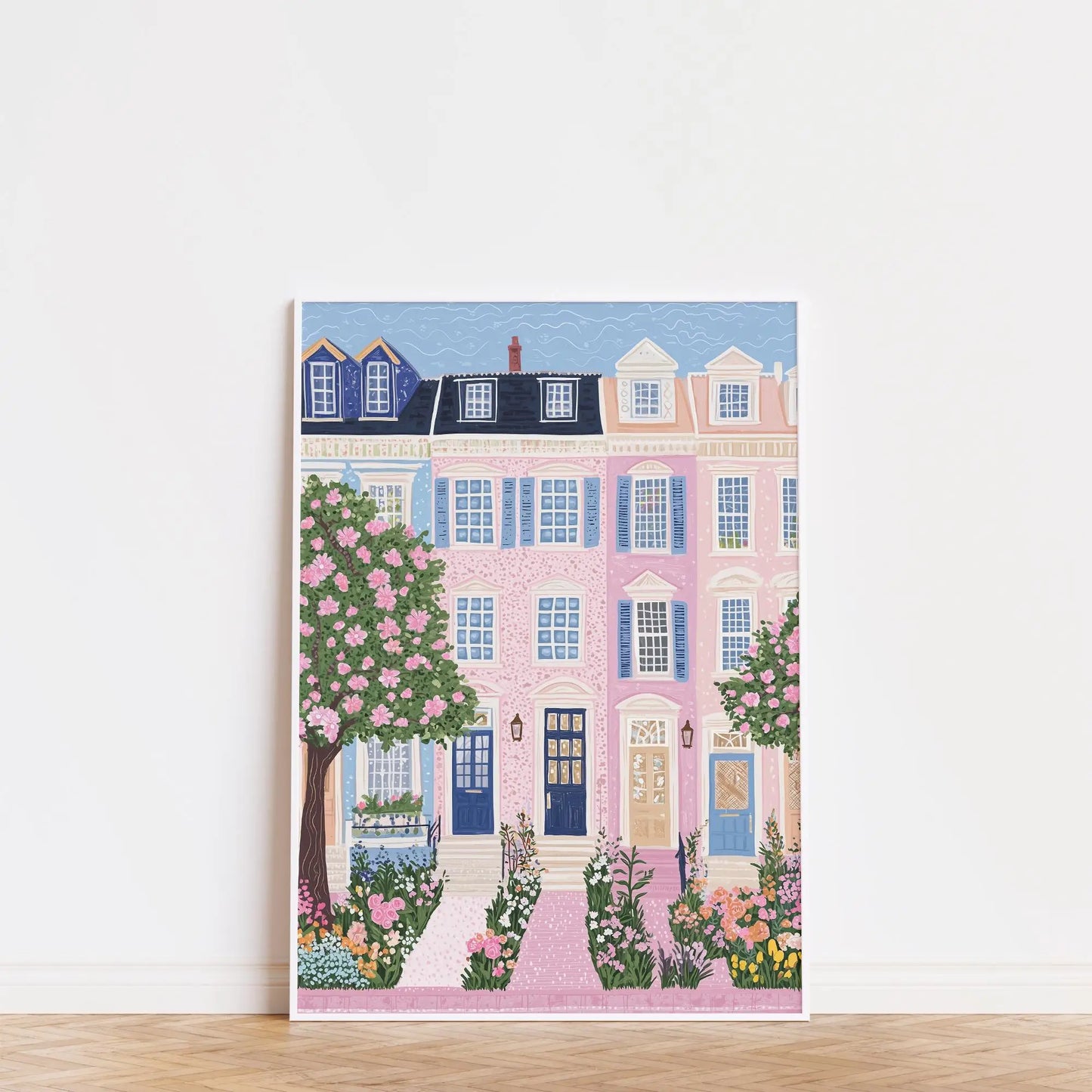 1pc Modern Cityscape Travel Mural Pink Flowers Nature Landscape Buildings Art Poster European City Mural Unframed Home Decor