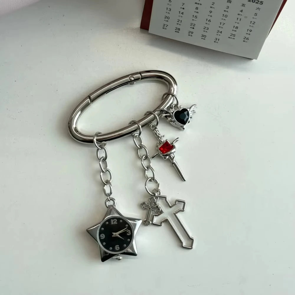 Heart Watch Bag Charm | Functional Clock Keychain | Purse & Backpack Charm with Heart, Key & Crystal Accents