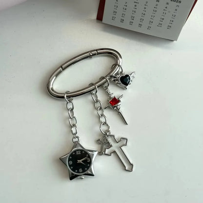 Heart Watch Bag Charm | Functional Clock Keychain | Purse & Backpack Charm with Heart, Key & Crystal Accents